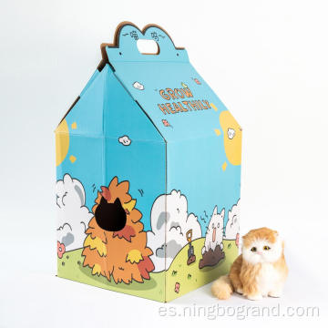 Linda casa de gatos de cartón con plataforma de rascado